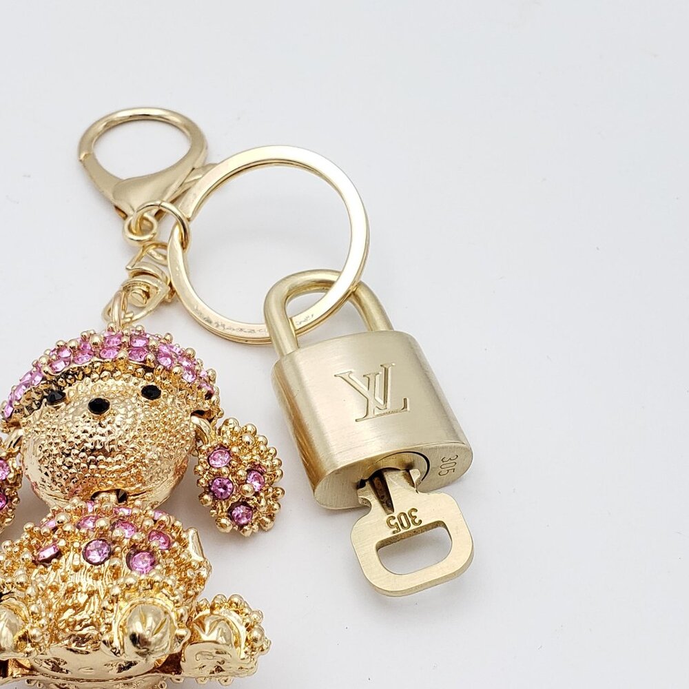 Authentic Louis Vuitton Gold Padlock & Key w/Unbranded Rhinestone Dog Keychain - Picture 4 of 8